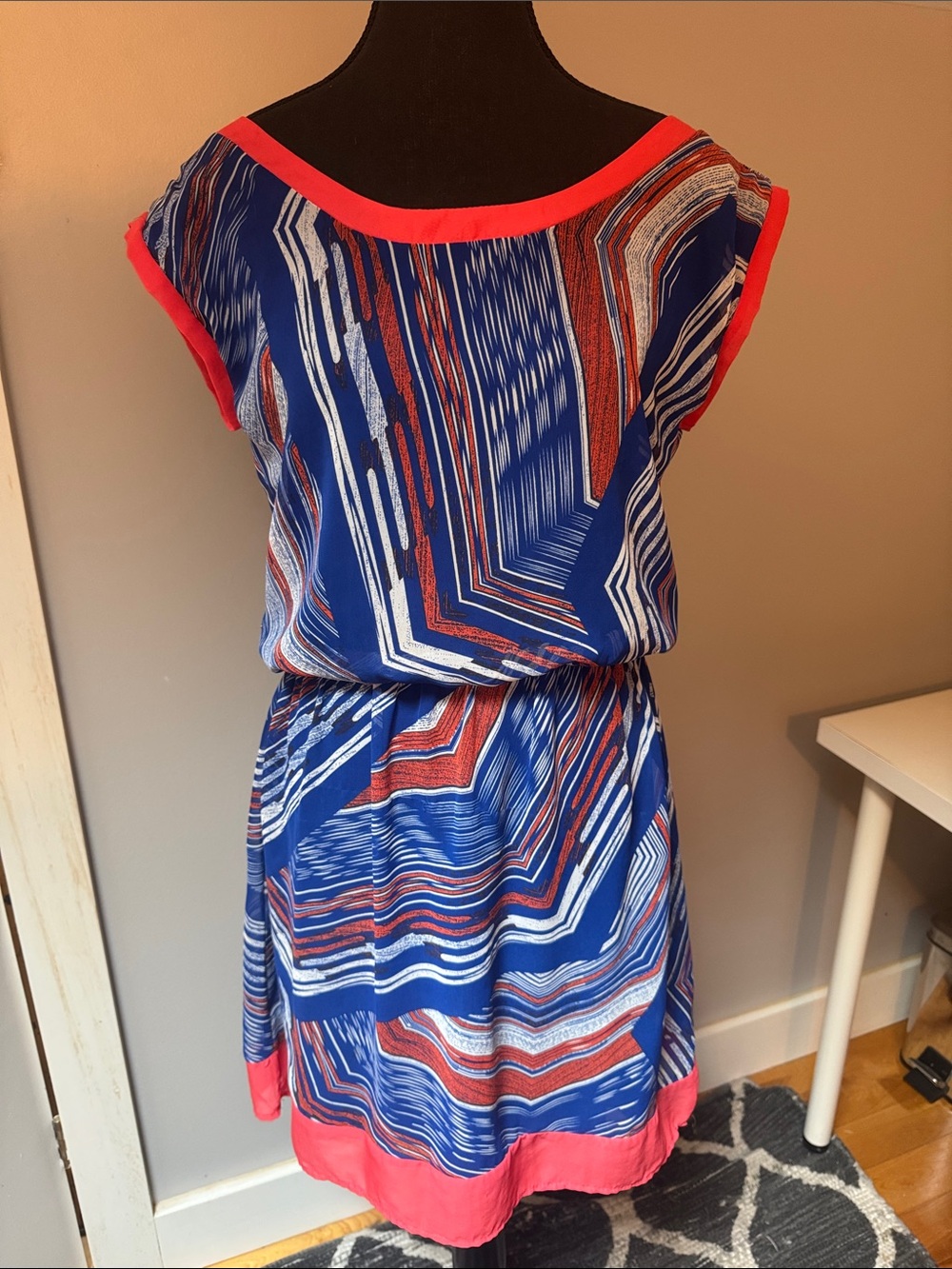 Blue & Coral Abstract Print Mini Dress